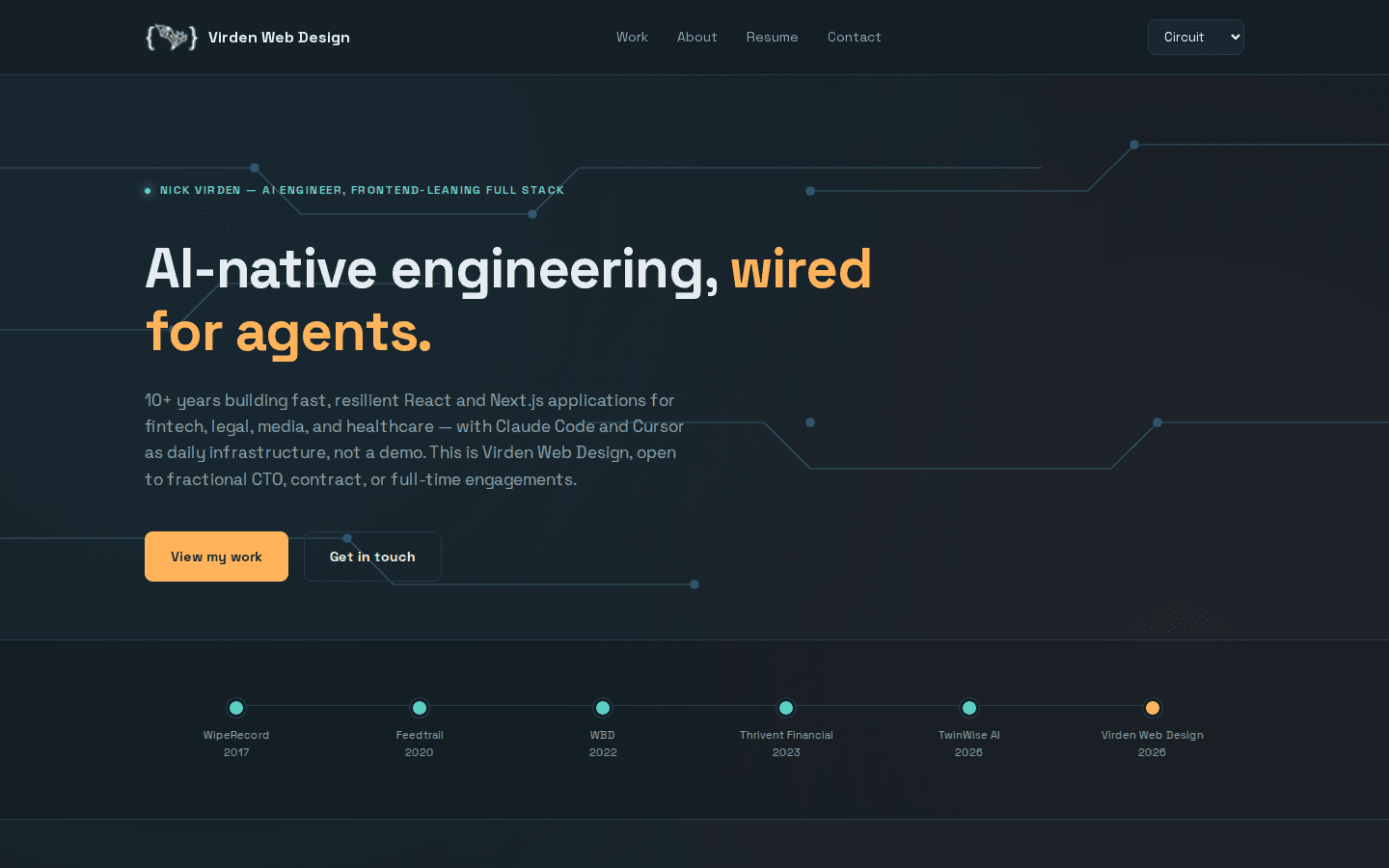Circuit theme homepage: dark slate background, circuit-board motif
