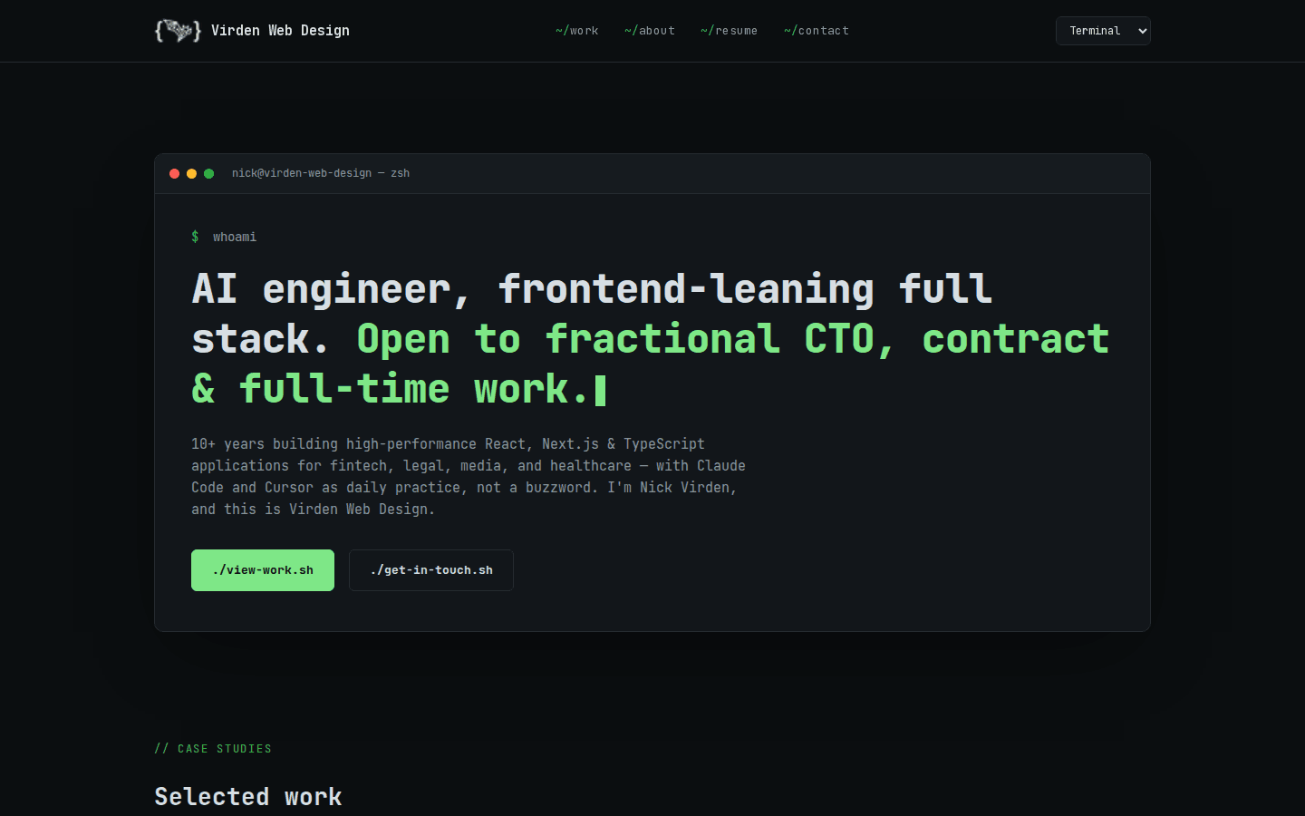 Terminal theme homepage: dark background, monospace type